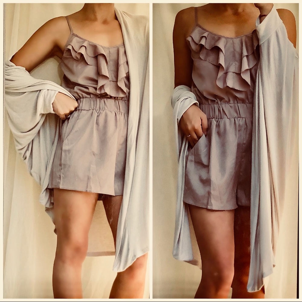 Taupe Ruffled Spaghetti Strap Romper Shorts